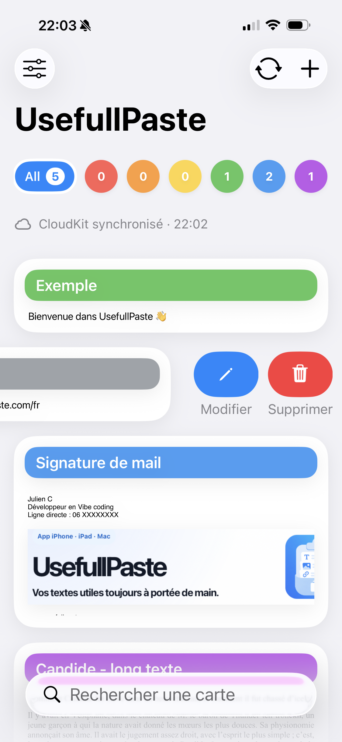 Actions rapides modifier et supprimer dans UsefullPaste