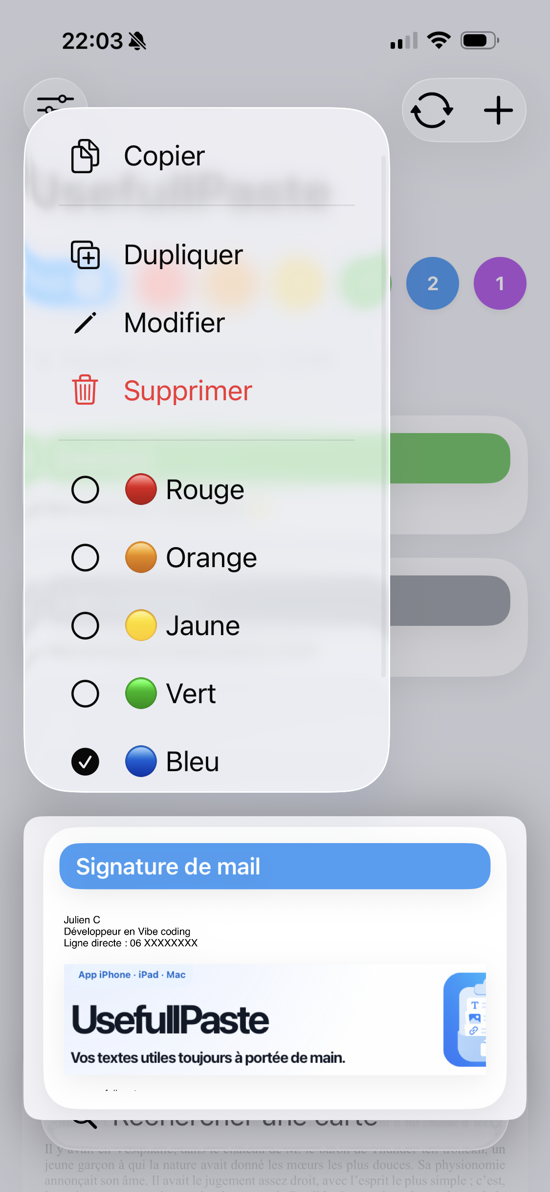 Menu contextuel d’une carte dans UsefullPaste