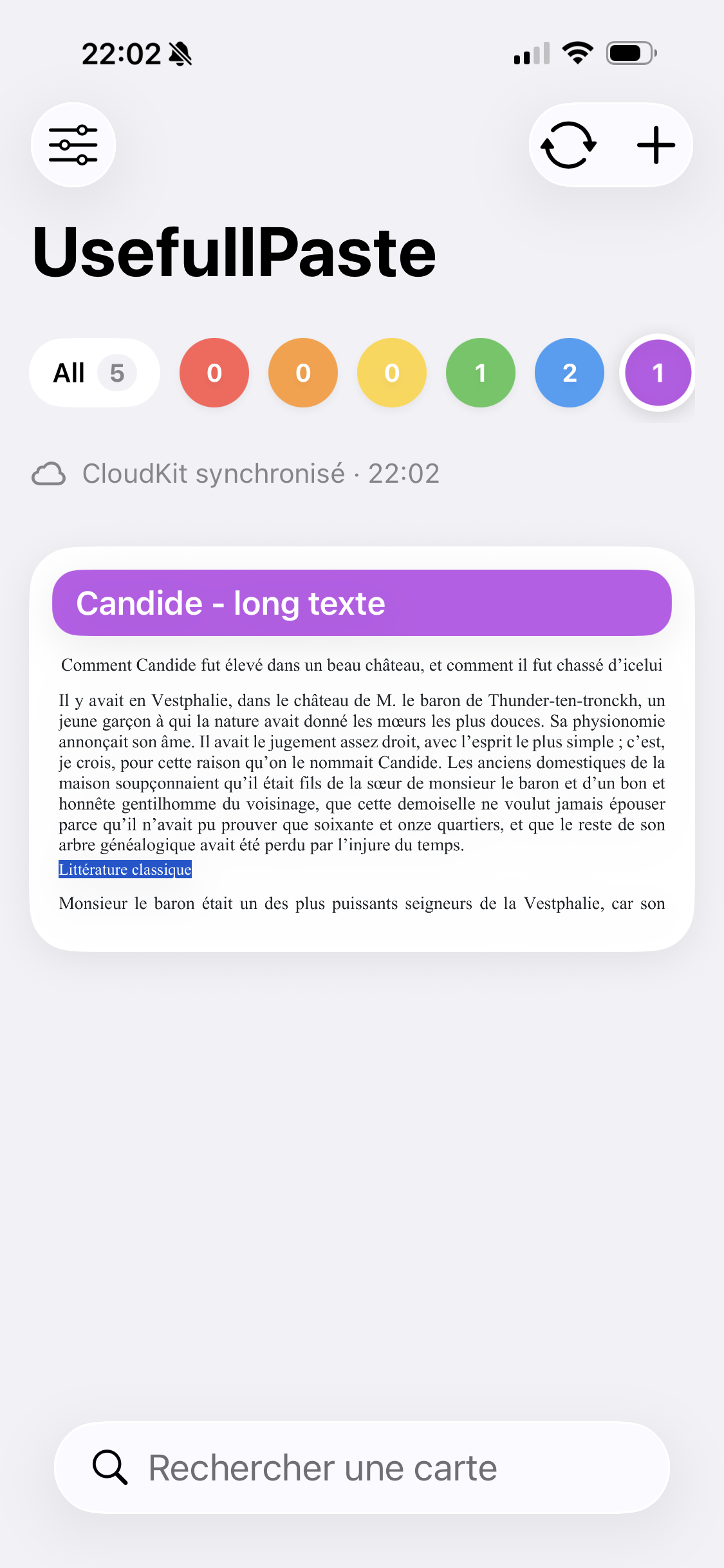 Lecture d’une carte longue dans UsefullPaste