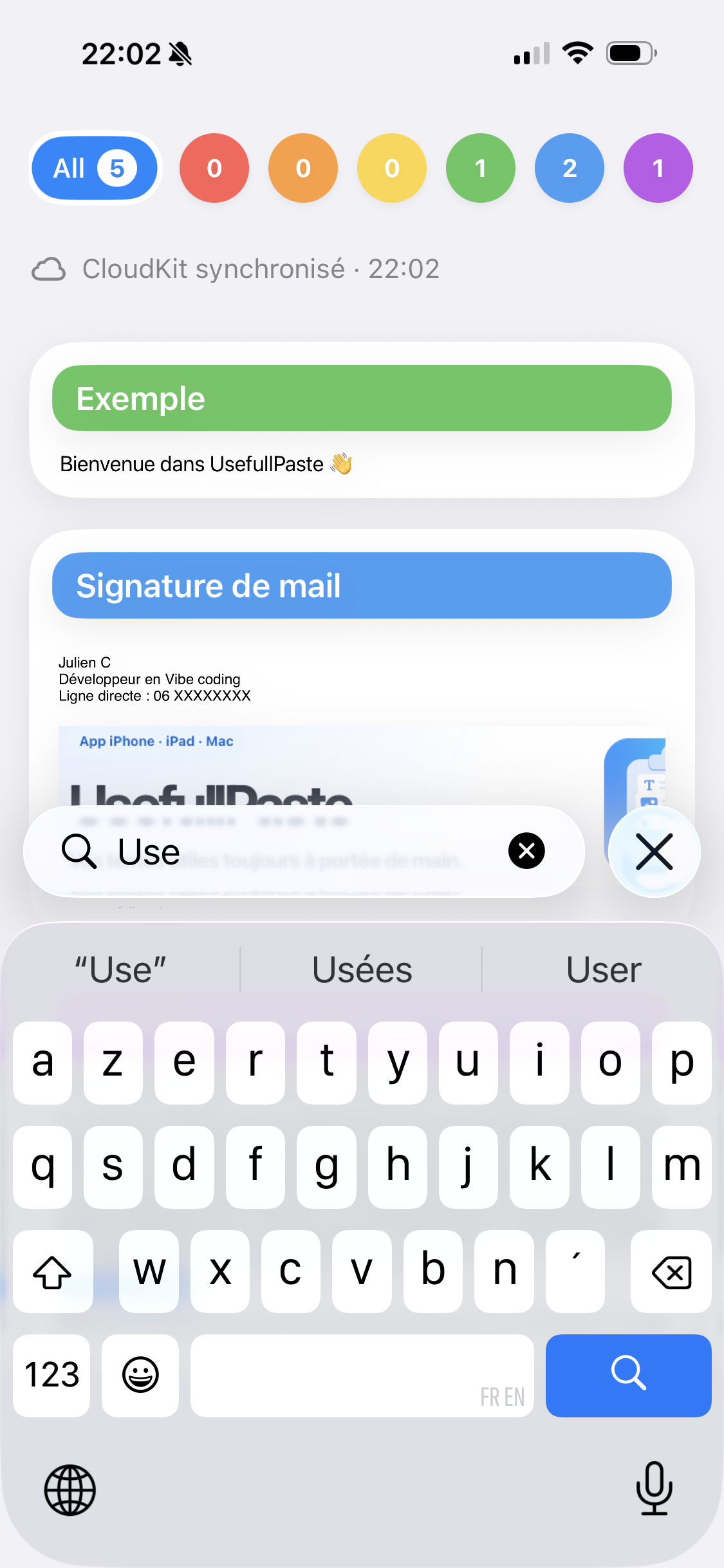 Recherche d’une carte dans UsefullPaste